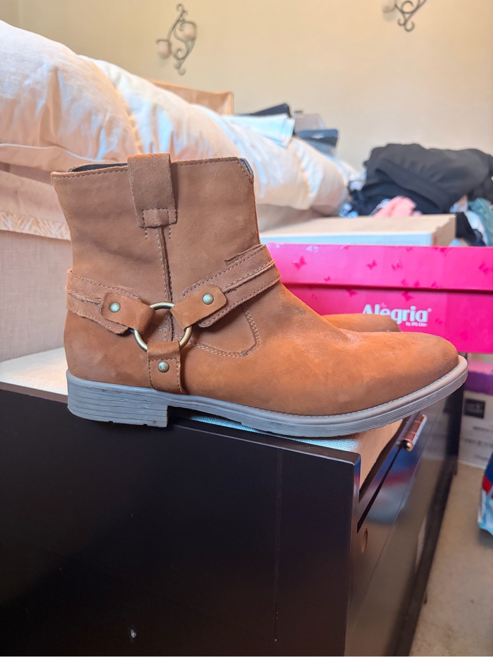 Earth Women's Brown Suede Ankle Booties with Harness Ring